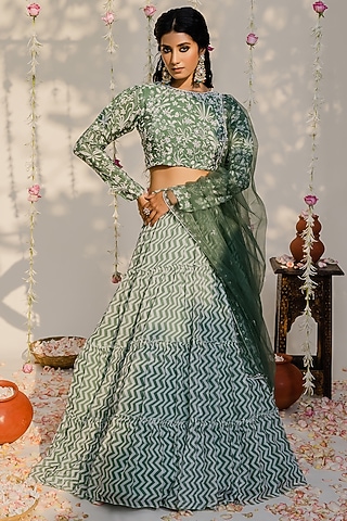 Olive Green Embroidered Lehenga Set by REDPINE DESIGNS