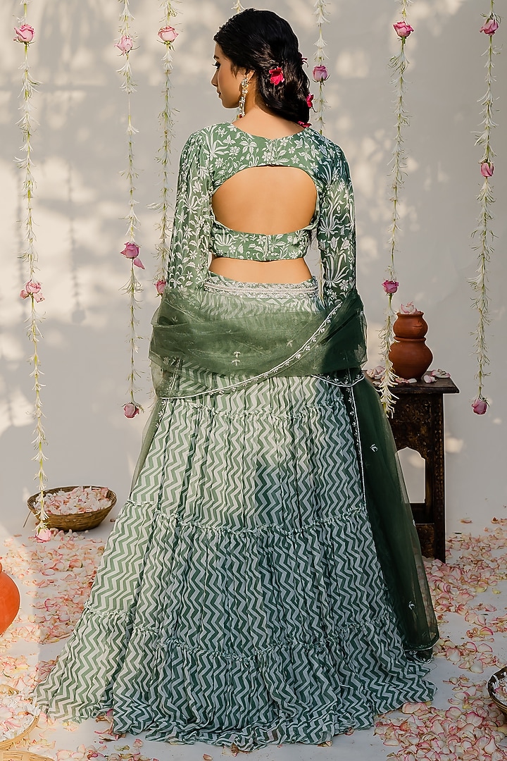 Olive Green Embroidered Wedding Lehenga Set by REDPINE DESIGNS at Pernia's Pop Up Shop