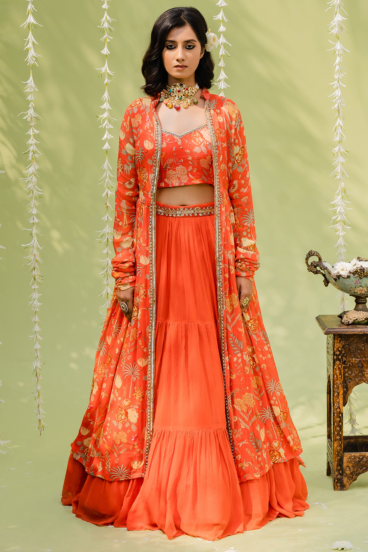 Rust Orange Embroidered Jacket Lehenga Set by REDPINE DESIGNS