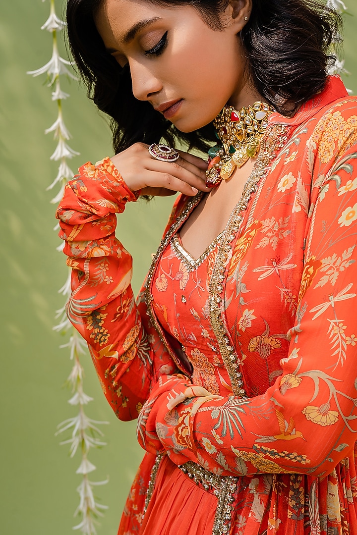 Rust Orange Embroidered Jacket Wedding Lehenga Set by REDPINE DESIGNS at Pernia's Pop Up Shop