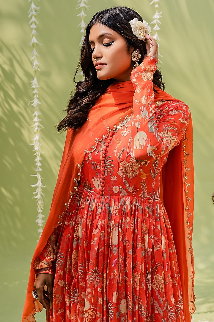Rust Orange Embroidered Party Wear Anarkali Set by REDPINE DESIGNS at Pernia's Pop Up Shop