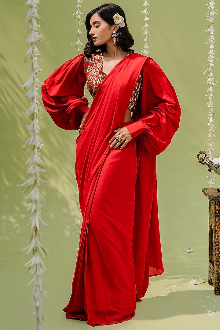 Red Orange Embroidered Draped Saree Set by REDPINE DESIGNS