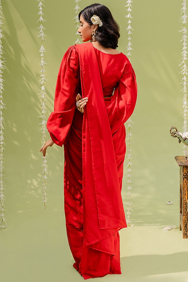 Red Orange Embroidered Draped Party Wear Saree Set by REDPINE DESIGNS at Pernia's Pop Up Shop