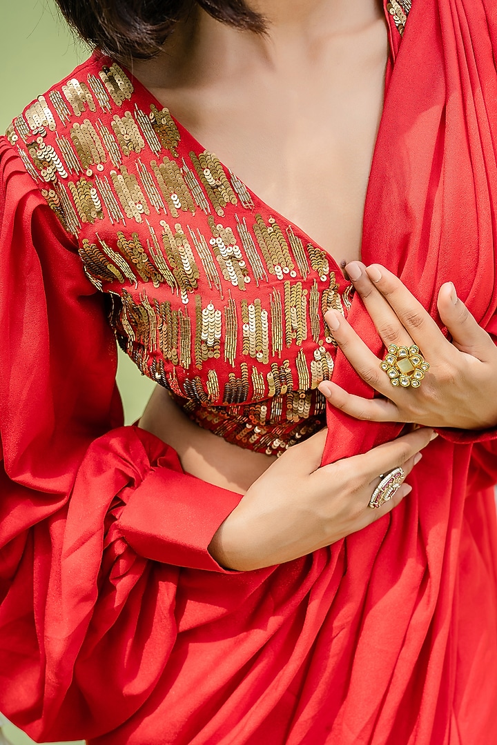 Red Orange Embroidered Draped Party Wear Saree Set by REDPINE DESIGNS at Pernia's Pop Up Shop