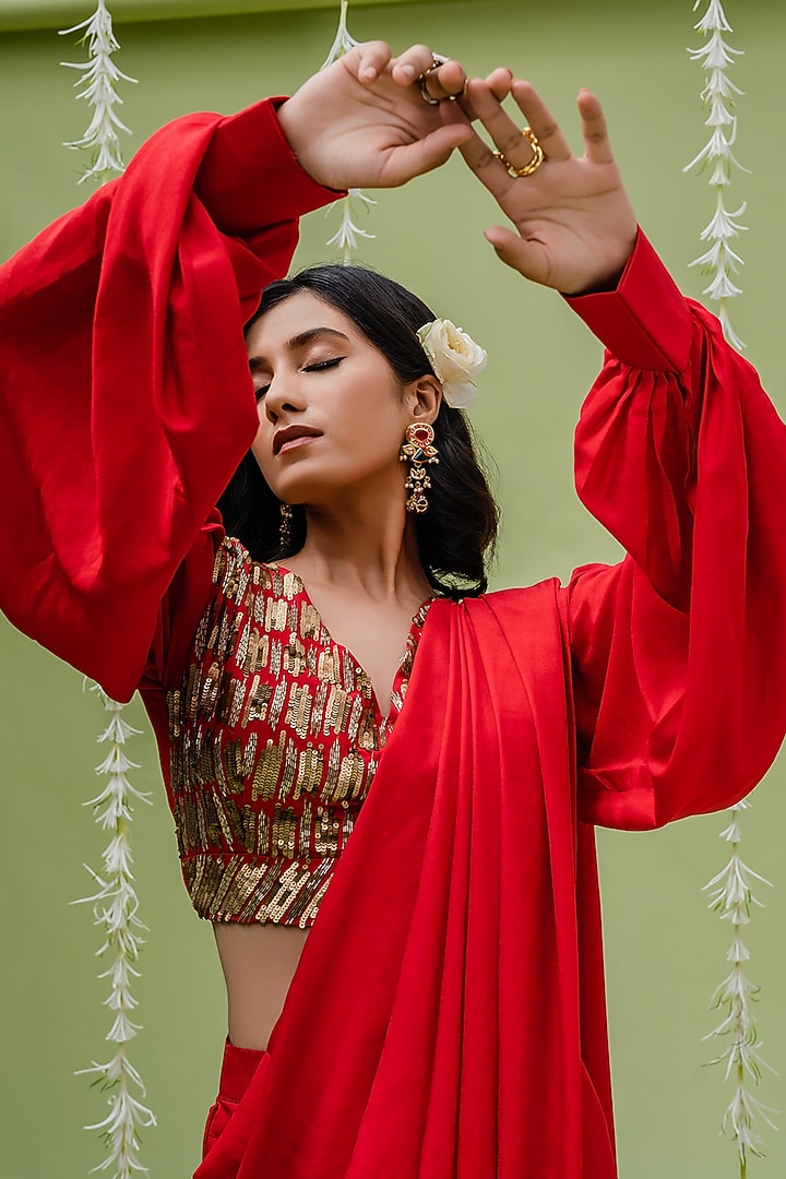 Red Orange Embroidered Draped Party Wear Saree Set by REDPINE DESIGNS at Pernia's Pop Up Shop