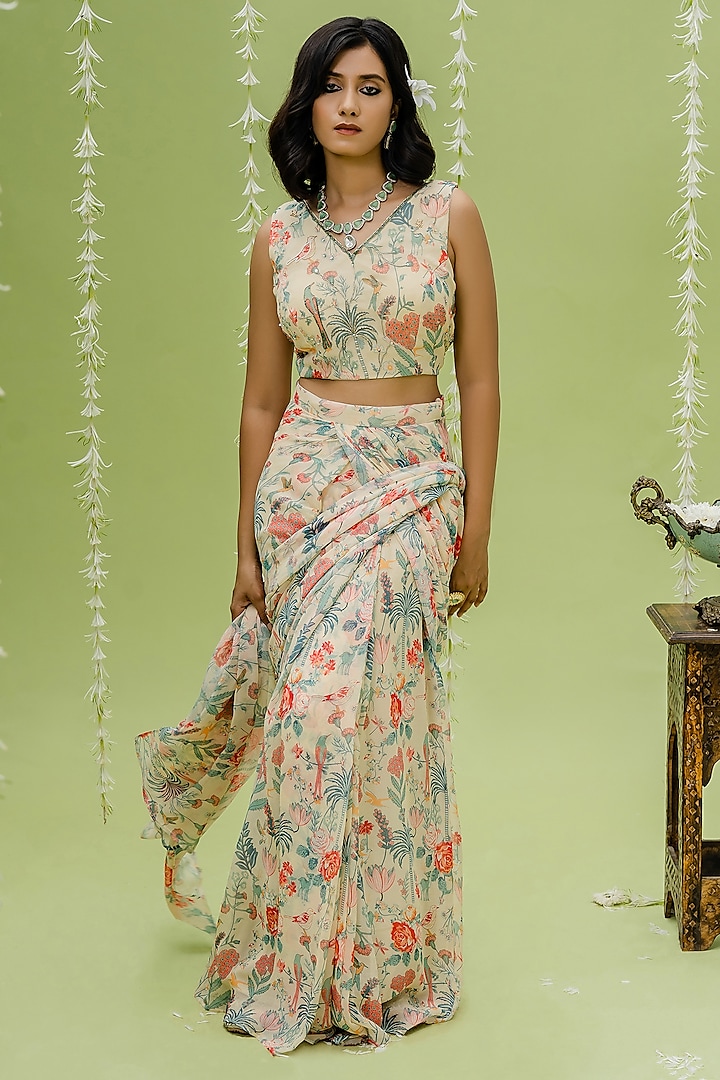 Off-White Printed & Embroidered Draped Saree Set by REDPINE DESIGNS