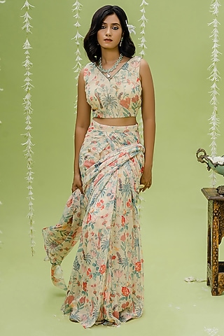Off-White Printed & Embroidered Draped Saree Set by REDPINE DESIGNS