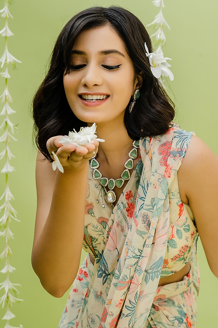 Off-White Printed & Embroidered Draped Party Wear Saree Set by REDPINE DESIGNS at Pernia's Pop Up Shop