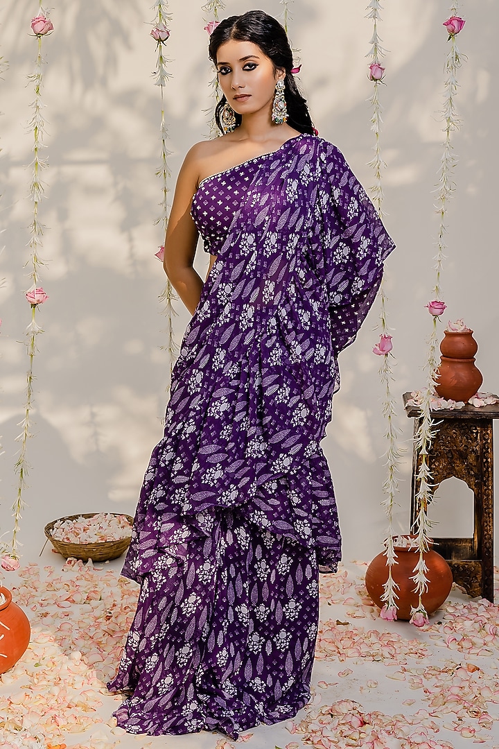 Purple Printed & Embroidered Draped Saree Set by REDPINE DESIGNS