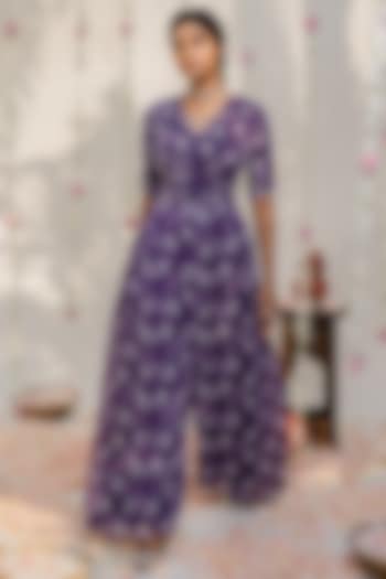 Purple Printed & Embroidered Jumpsuit by REDPINE DESIGNS