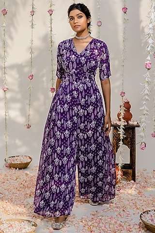 Purple Printed & Embroidered Jumpsuit by REDPINE DESIGNS