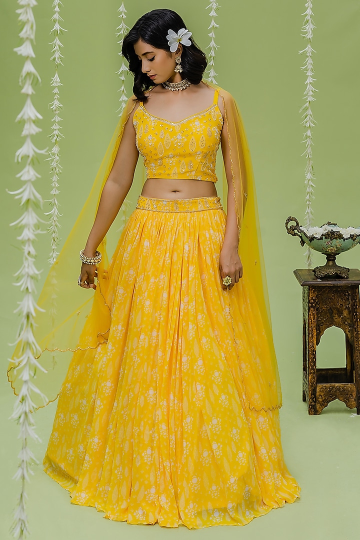 Sunny Yellow Printed & Embroidered Lehenga Set by REDPINE DESIGNS