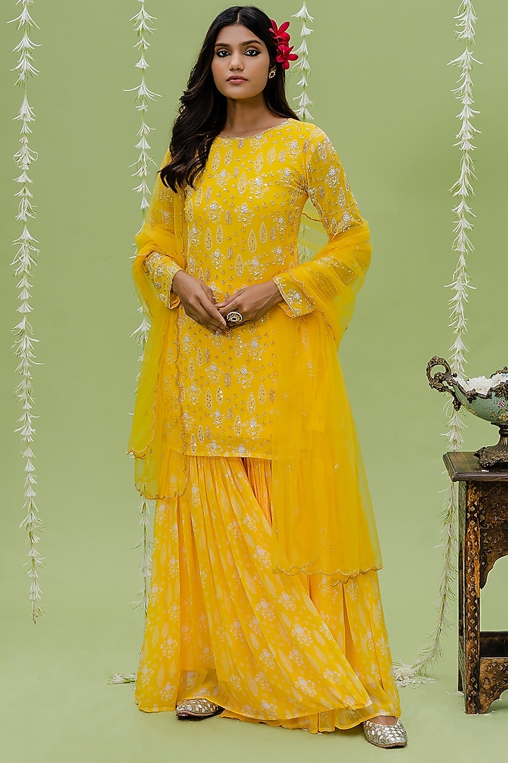 Sunny Yellow Printed Sharara Set by REDPINE DESIGNS