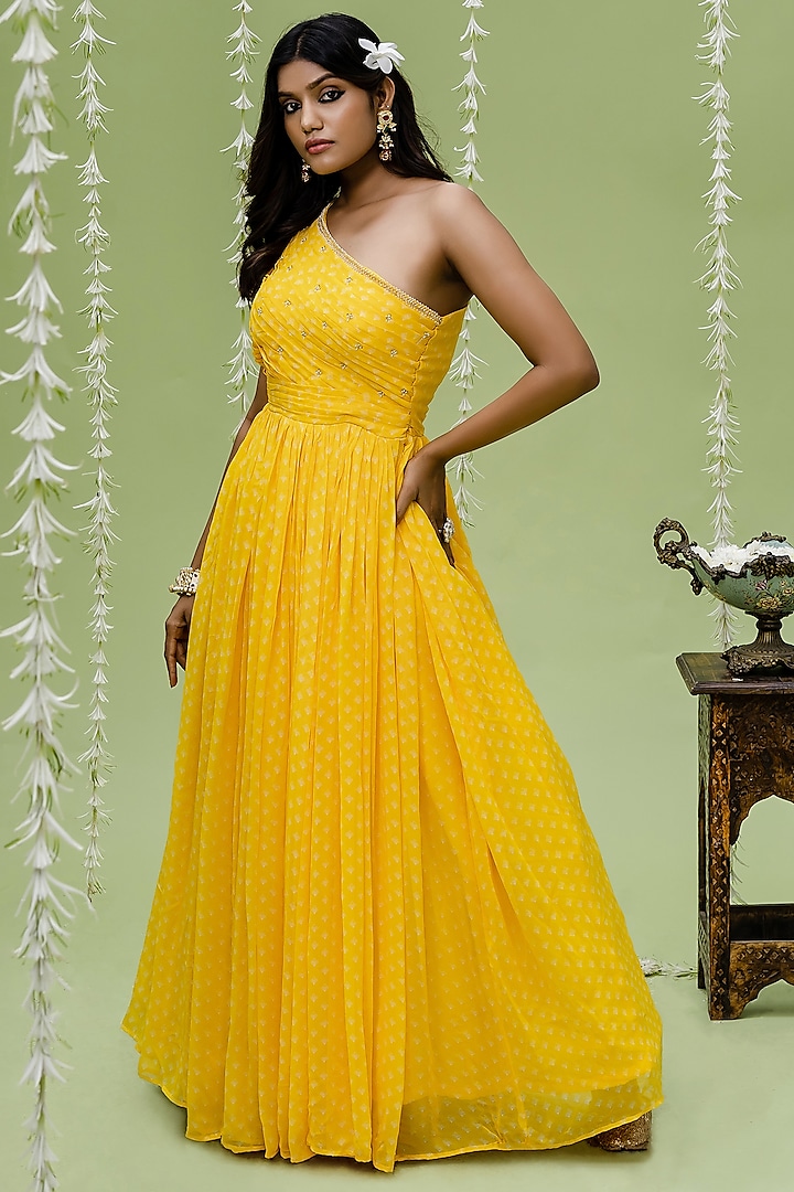 Sunny Yellow Printed & Embroidered Gown by REDPINE DESIGNS