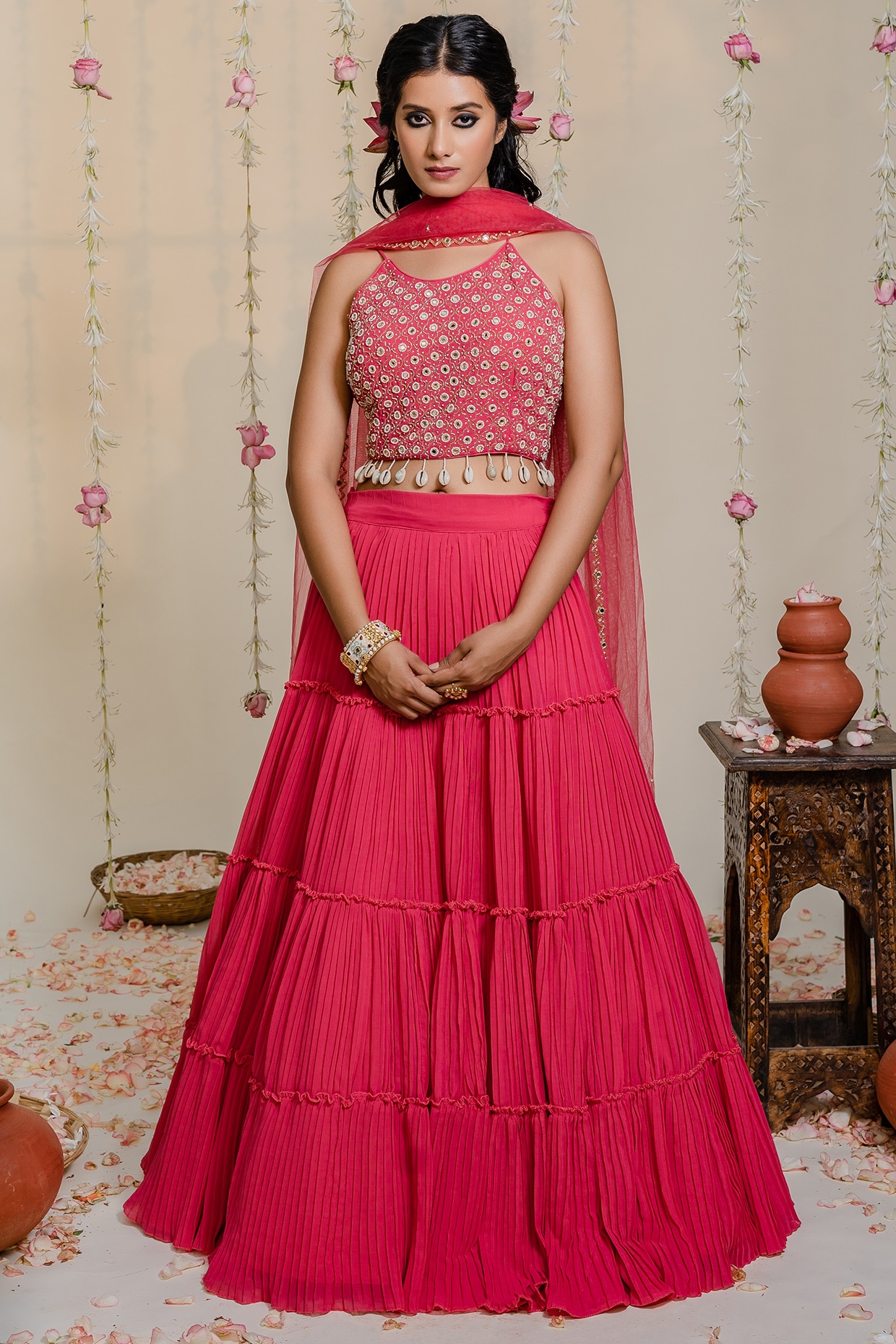 Embellished Choli and Satin Pleated Lehenga with Dupatta (Maroon & Gol –  Titrit store