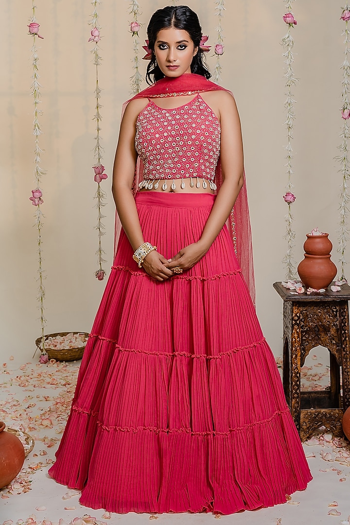 Fuschia Pink Embroidered Pleated Lehenga Set by REDPINE DESIGNS