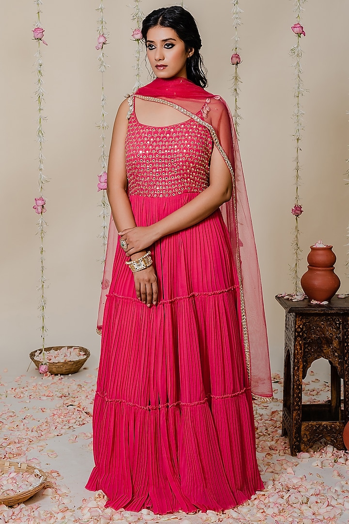 Fuschia Pink Embroidered Pleated Anarkali Set by REDPINE DESIGNS