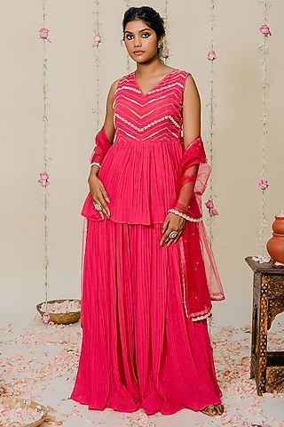 Fuschia Pink Georgette Sharara Set by REDPINE DESIGNS