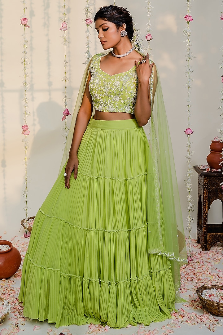 Green Embroidered Pleated Lehenga Set by REDPINE DESIGNS