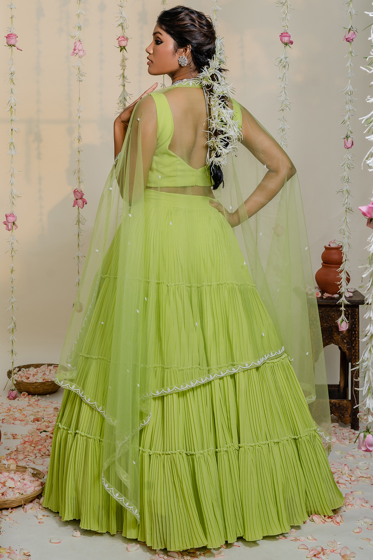 Buy Green Georgette Floral Lehenga Choli With Dupatta for Women – Bunaai