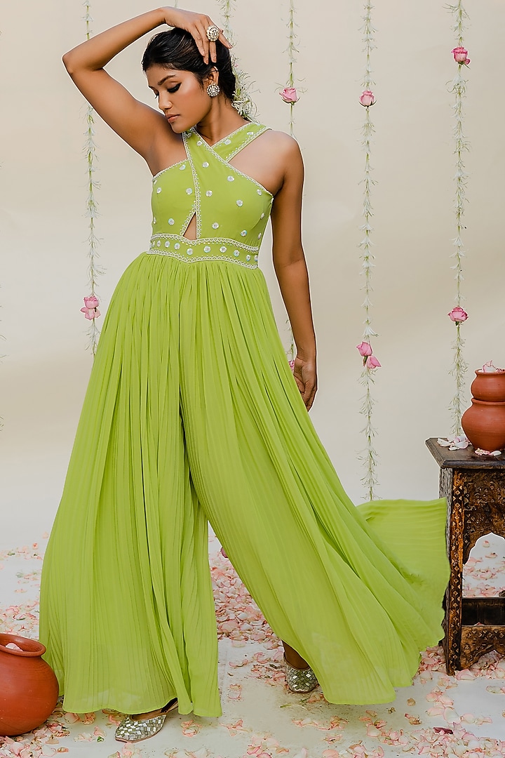 Green Embroidered Pleated Jumpsuit by REDPINE DESIGNS