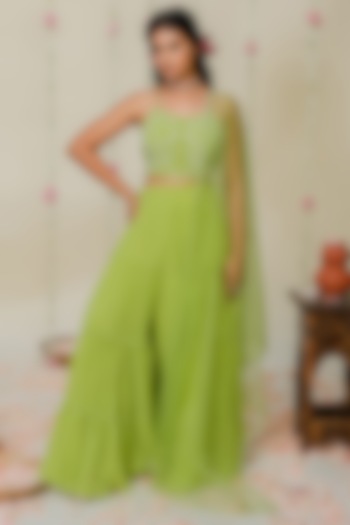Green Georgette Pleated Sharara Set by REDPINE DESIGNS