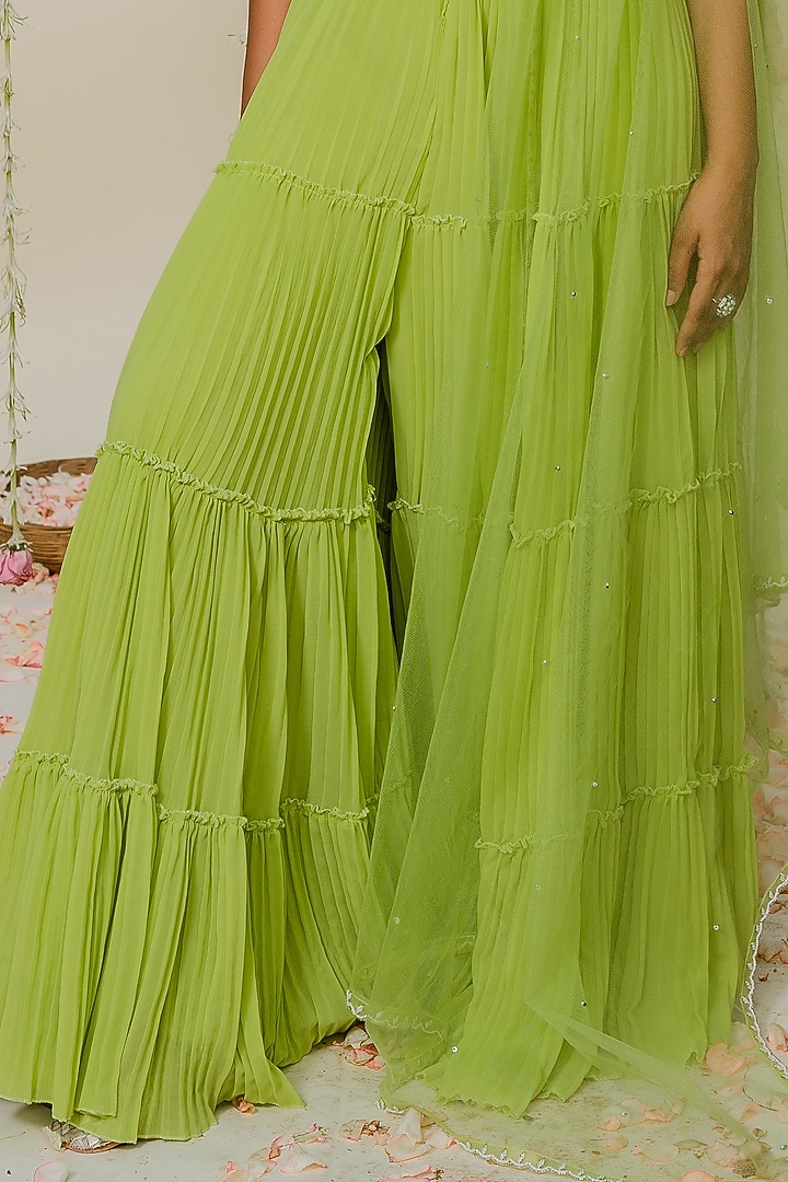 Green Georgette Pleated Party Wear Sharara Set by REDPINE DESIGNS at Pernia's Pop Up Shop
