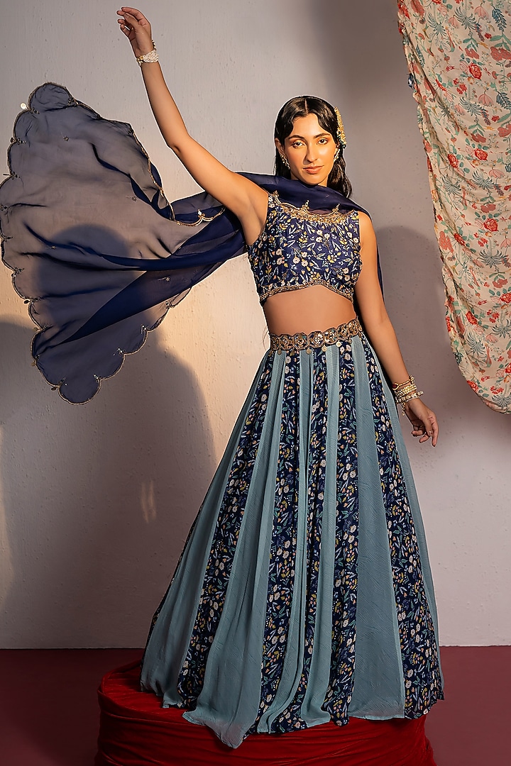 Royal Blue Viscose Georgette Printed & Sequins Embroidered Wedding Lehenga Set by REDPINE DESIGNS at Pernia's Pop Up Shop