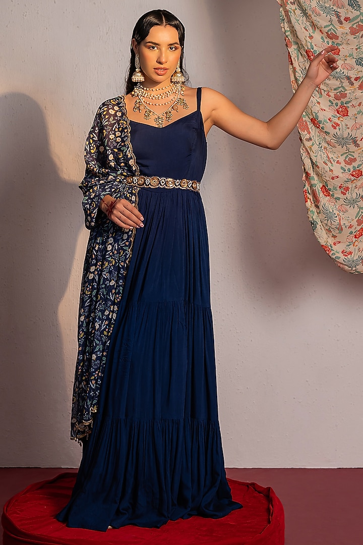 Royal Blue Viscose Muslin Silk Mirror & Hand Embroidered Anarkali Set by REDPINE DESIGNS at Pernia's Pop Up Shop