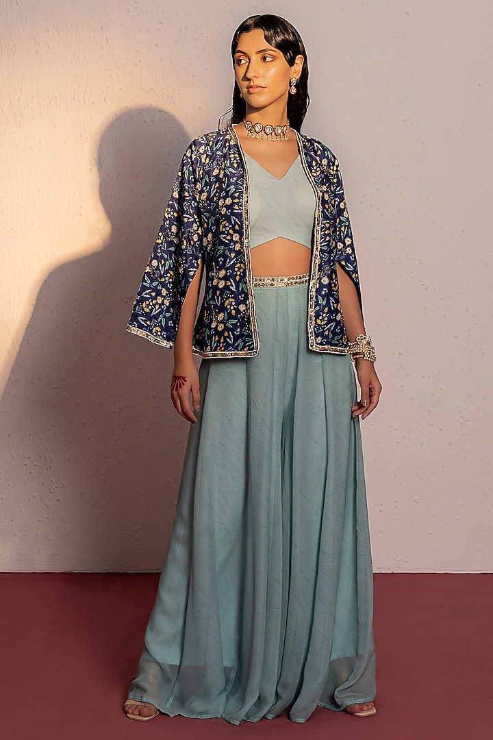 Royal Blue Viscose Raw Silk Floral Sequins & Moti Embroidered Jacket Set by REDPINE DESIGNS