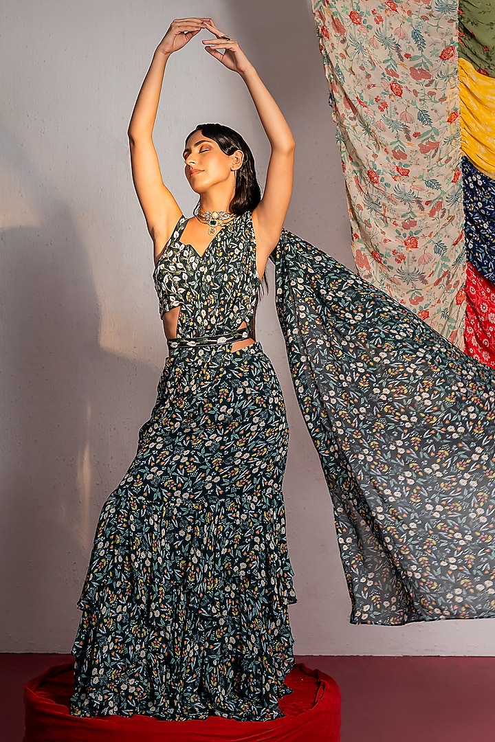 Royal Green Viscose Georgette Printed & Cutdana Embroidered Draped Saree Set by REDPINE DESIGNS at Pernia's Pop Up Shop