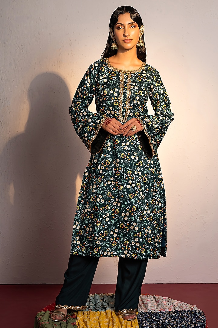 Royal Green Viscose Raw Silk Printed & Salli Embroidered Kurta Set by REDPINE DESIGNS at Pernia's Pop Up Shop