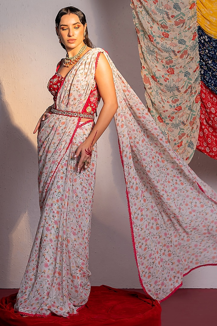 Ivory Viscose Georgette Printed & Mirror Embroidered Draped Saree Set by REDPINE DESIGNS at Pernia's Pop Up Shop