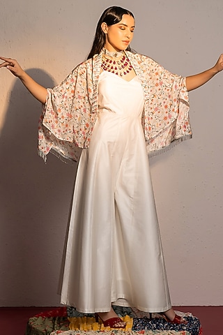 Ivory Viscose Modal Satin Printed & Kasab Embroidered Jumpsuit With Cape by REDPINE DESIGNS