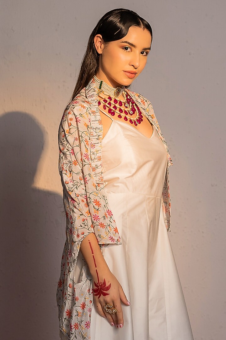 Ivory Viscose Modal Satin Printed & Kasab Embroidered Jumpsuit With Cape by REDPINE DESIGNS at Pernia's Pop Up Shop