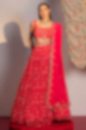 Hot Pink Viscose Georgette Printed & Sequins Embroidered Lehenga Set by REDPINE DESIGNS at Pernia's Pop Up Shop