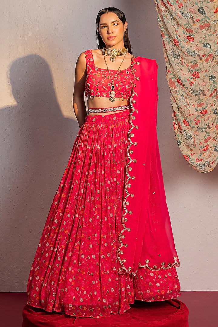 Hot Pink Viscose Georgette Printed & Sequins Embroidered Lehenga Set by REDPINE DESIGNS at Pernia's Pop Up Shop