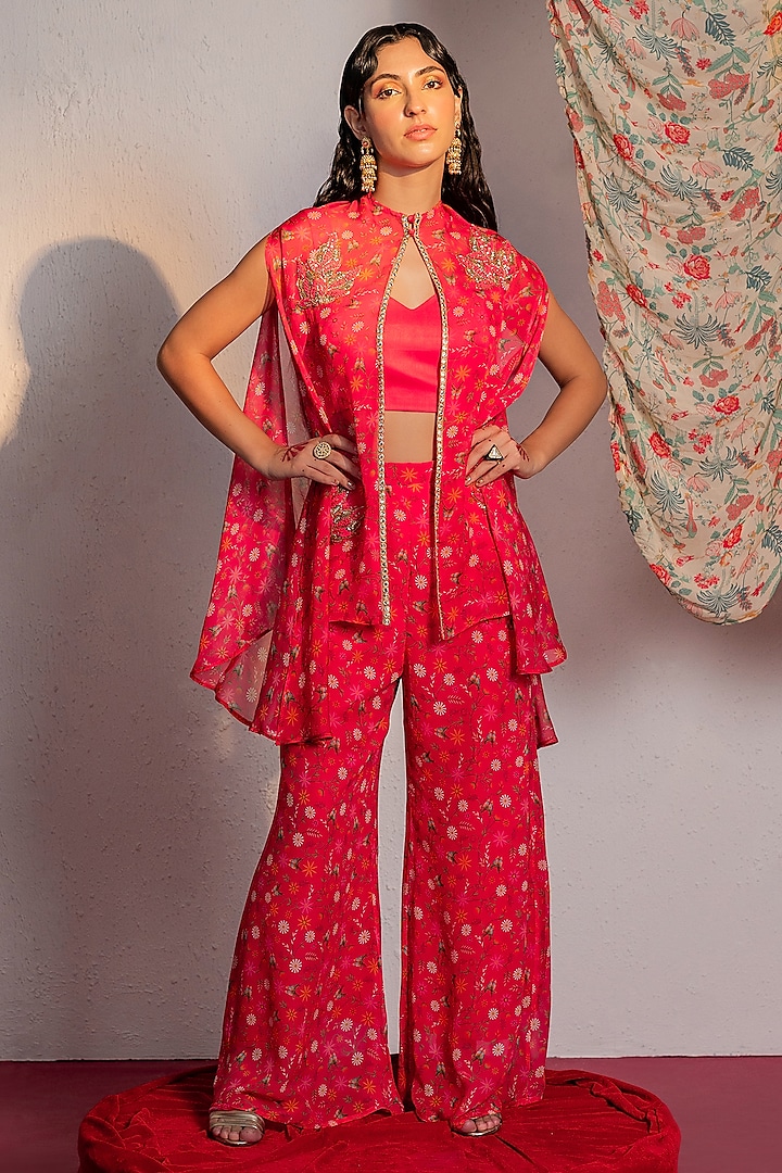 Hot Pink Viscose Organza Cutdana & Hand Embroidered Cape Set by REDPINE DESIGNS at Pernia's Pop Up Shop