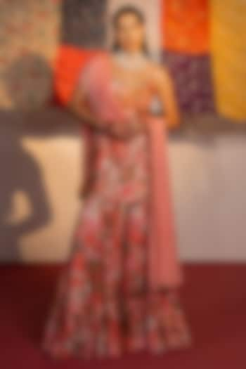 Coral Pink Viscose Raw Silk Printed & Moti Embroidered Sharara Set by REDPINE DESIGNS at Pernia's Pop Up Shop