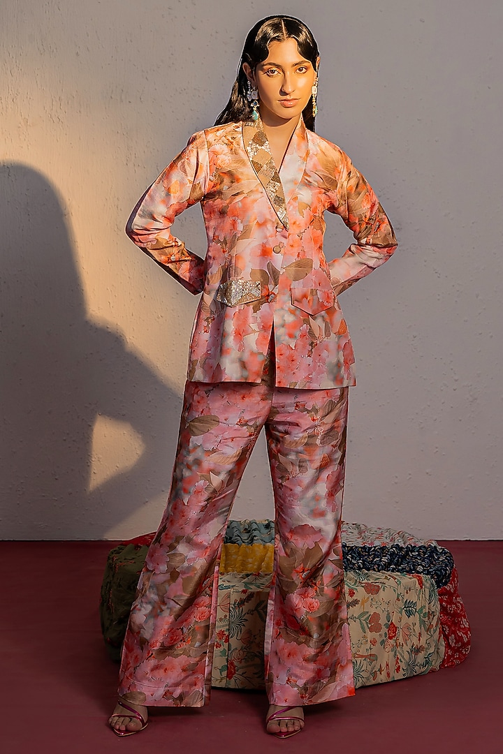 Coral Pink Viscose Raw Silk Printed & Hand Embroidered Blazer Set by REDPINE DESIGNS at Pernia's Pop Up Shop