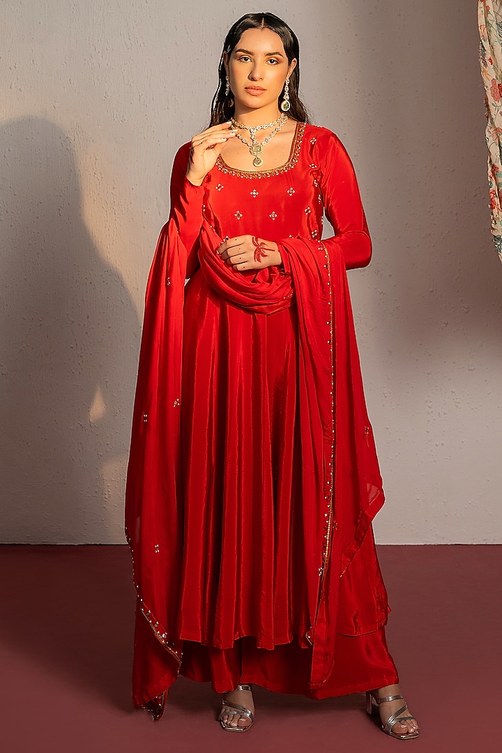 Red Viscose Crepe Moti & Thread Embroidered Anarkali Set by REDPINE DESIGNS at Pernia's Pop Up Shop