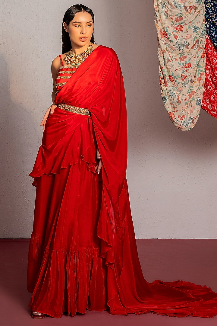 Red Viscose Crepe Mirror & Moti Embroidered Draped Saree Set by REDPINE DESIGNS at Pernia's Pop Up Shop