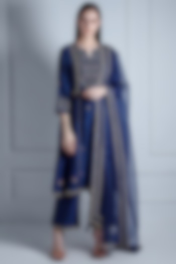 Navy Blue Silk Chanderi & Organza Embroidered Kalidar Kurta Set by Radhika & Raghav at Pernia's Pop Up Shop