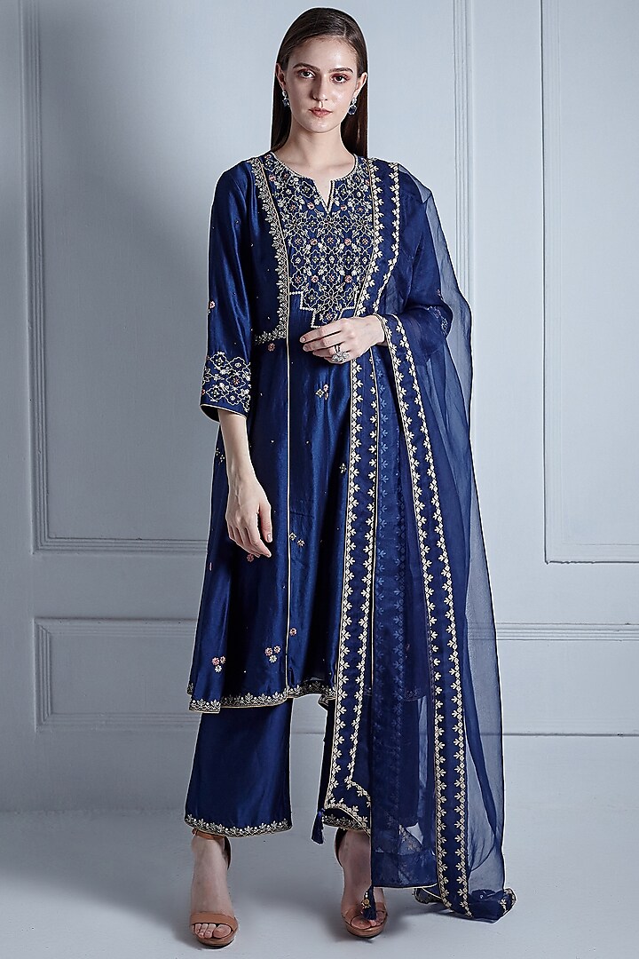 Navy Blue Silk Chanderi & Organza Embroidered Kalidar Kurta Set by Radhika & Raghav at Pernia's Pop Up Shop