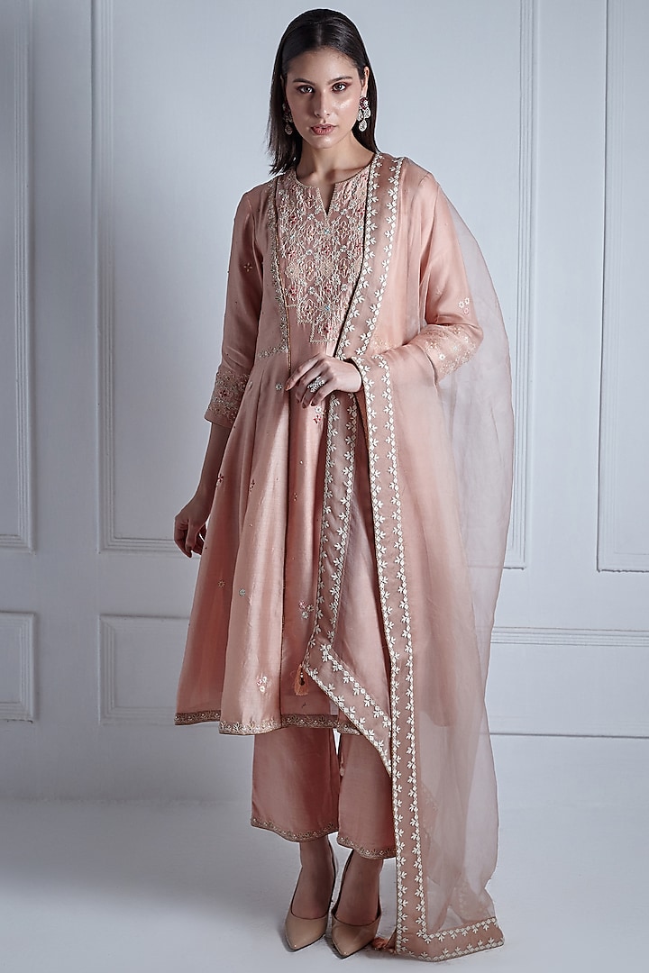 Powder Pink Silk Chanderi & Organza Embroidered Kalidar Kurta Set by Radhika & Raghav at Pernia's Pop Up Shop