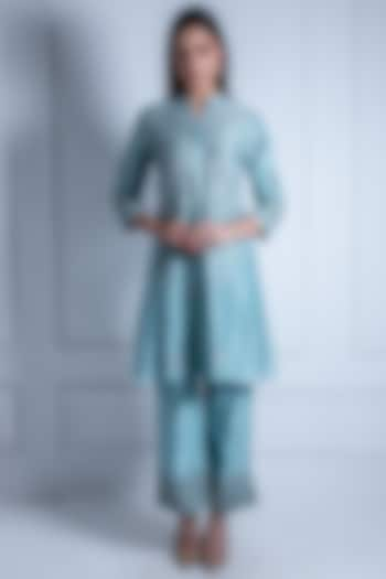 Aqua Blue Silk Chanderi Embroidered A-Line Kurta Set by Radhika & Raghav