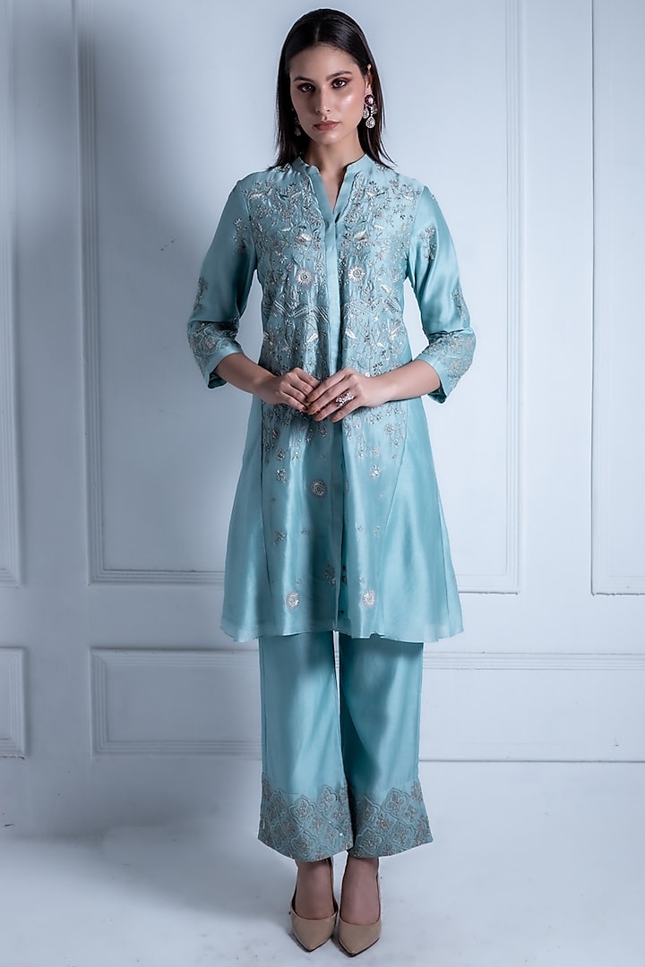 Aqua Blue Silk Chanderi Embroidered A-Line Kurta Set by Radhika & Raghav