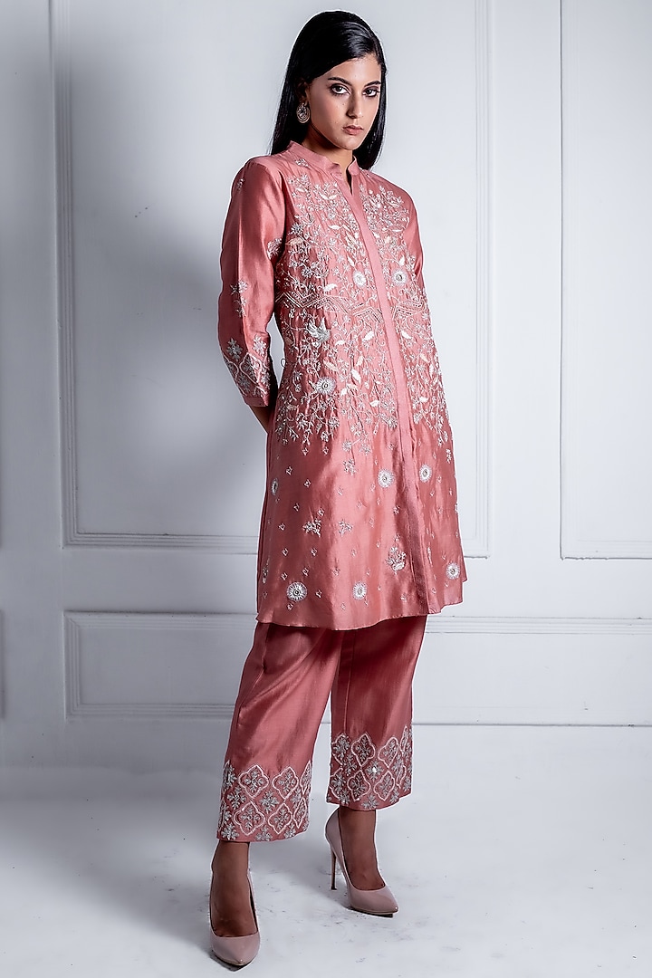 Inara Pink Silk Chanderi Embroidered A-Line Kurta Set by Radhika & Raghav at Pernia's Pop Up Shop