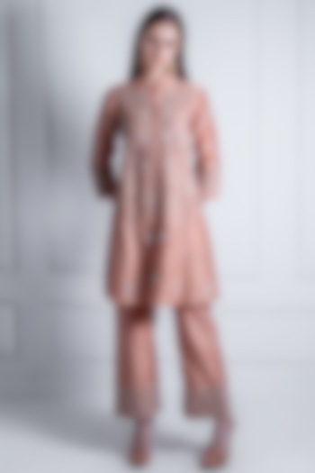 Peach Silk Chanderi Embroidered A-Line Kurta Set by Radhika & Raghav