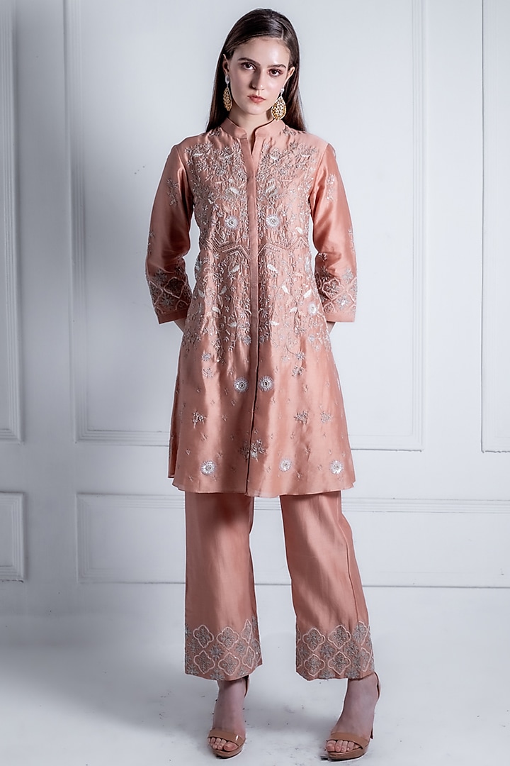 Peach Silk Chanderi Embroidered A-Line Kurta Set by Radhika & Raghav